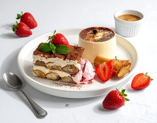 Elegant Dessert Plate Featuring Tiramisu, Cr?me br?l?e, Ice Cream and Fresh Strawberries