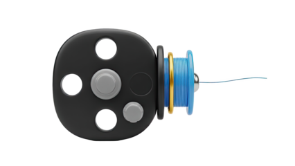 Fishing reel with blue line and gold accents on transparent background