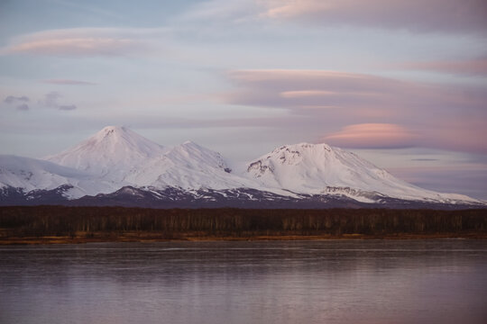 View of the Volcanoes at sunset in Petropavlovsk-Kamchatsky