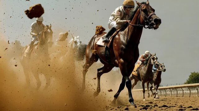 Fast galloping horses in a dramatic race kicking up dust, strength, motion blur and competitive adrenaline on a countryside track