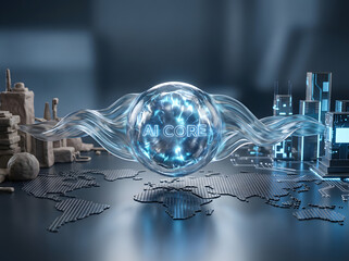 Glowing AI core with futuristic circuit board and cityscape