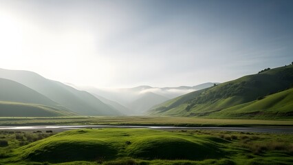 Serene landscape with lush green hills and a winding river under a clear sky