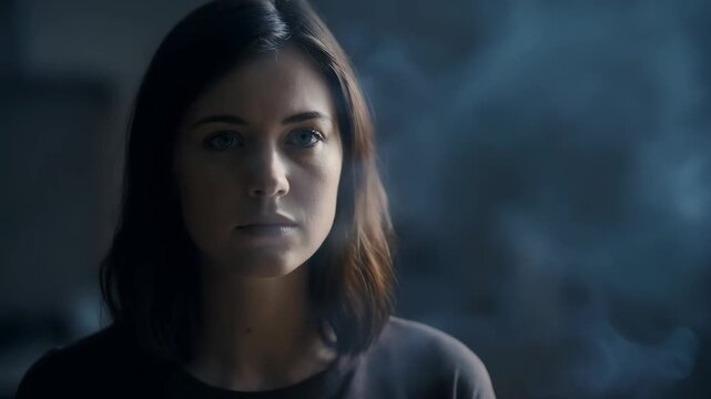 Introspective Contemplation: Portrait of a woman, radiating a mood of thought and introspection, in a dimly lit setting. A soft haze gently surrounds her, adding an atmospheric depth to the portrait.