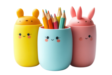 Kids colorful pencils in decorative holder isolated on transparent background
