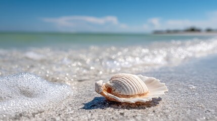 Close-Up of Seashell on Sandy Beach with Blue Water and Sunny Sky in Daytime