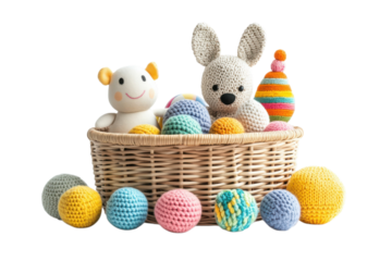 Mixed children toys in wicker basket isolated on transparent background