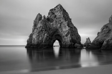 Dramatic Black and White Rock Arch Formation on Sandy Beach Under Cloudy Sky with Smooth Water Reflecting the Seascape in Coastal Landscape