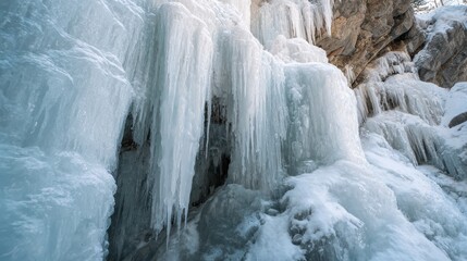 Frozen waterfall icicles hanging from rocky cliff face in winter image 1