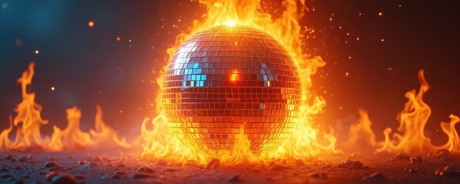 Burning disco ball sits on fiery ground. Bright flames engulf sphere with reflections. Hot orange glow fills scene, sparks fly in dark sky. End of party, global catastrophe, intense heat.