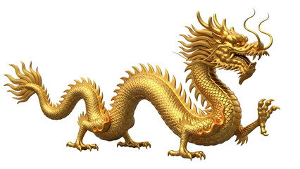Fototapeta premium Golden dragon sculpture with intricate details on isolated transparent background