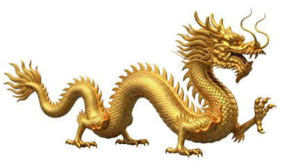 Golden dragon sculpture with intricate details on isolated transparent background