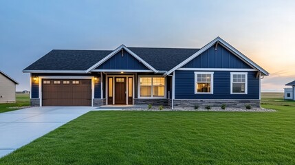 Fototapeta premium Ranch-style home, twilight, rural setting, landscape, real estate