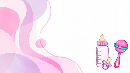 Delicate baby accessories — a bottle and a rattle on an abstract pink-lilac background with a space for copying, the theme of motherhood, the design of baby shower invitations