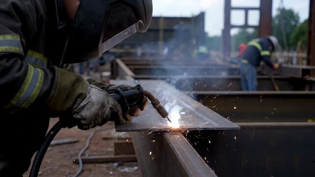 Welder working on metal structure