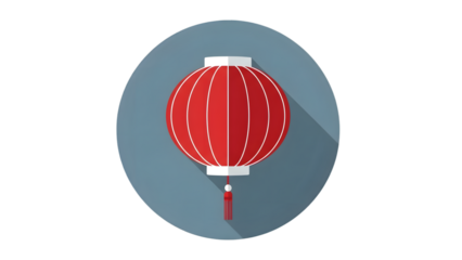 A red chinese lantern on a blue circle background with a subtle shadow effect isolated on transparent background