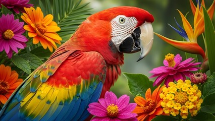 Vivid scarlet macaw portrait nestled amongst lush tropical foliage featuring vibrant exotic flowers and brilliant birds of paradise blooms