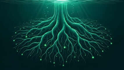 Abstract glowing tree roots spreading underground with bioluminescent particles.