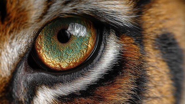Mesmerizing close-up of a tiger's piercing emerald eye, showcasing the intricate details of its powerful gaze and the striking beauty of its striped fur