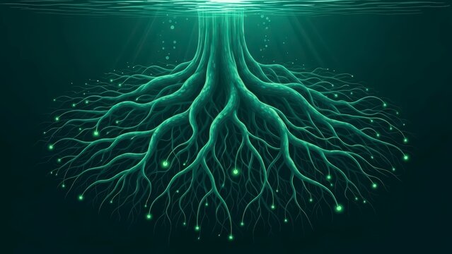Abstract glowing tree roots spreading underground with bioluminescent particles. - Powered by Adobe