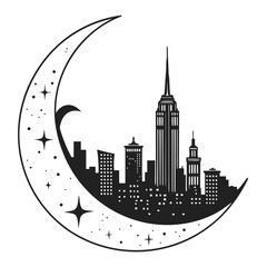 Obraz premium A striking black and white illustration depicts a crescent moon framing a silhouetted cityscape featuring a prominent skyscraper