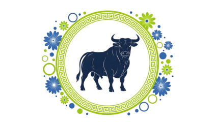 A bull icon surrounded by a green circle and blue flowers on transparent background
