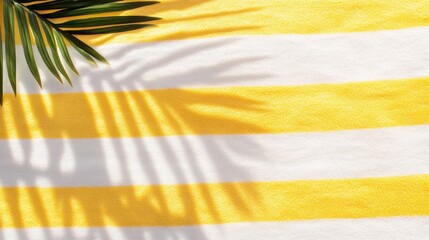 Yellow and white striped beach towel with palm leaf shadows Summer wallpaper.