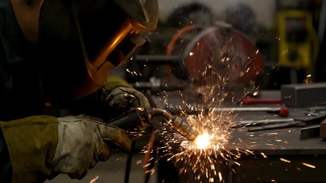 Welder working with sparks closeup