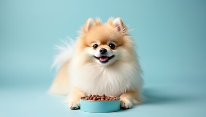 Cream colored Pomeranian dog happily poses with bowl of brown kibble food against smooth light blue background looking at camera. Cute fluffy puppy waits to eat meal.