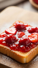 A macro shot of a toasted brioche slice with thick strawberry jam, as the embodiment of a sweet gastronomic pleasure for the morning menu or a romantic breakfast in bed