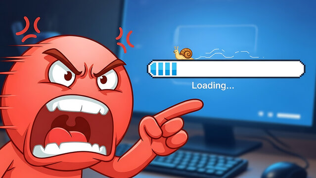 Frustrated cartoon character pointing at slow loading progress bar on computer screen with snail icon, expressing anger and impatience