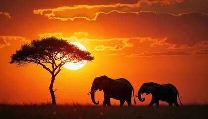 Acrylglasbilder Wildtiere Two elephants walk on African savanna at sunset. Acacia tree silhouette against bright orange sky with clouds. Warm golden light illuminates wild landscape, majestic animals roam.  © Maryna