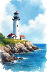 Watercolor painting shows white lighthouse tower with red roof on rocky cliff above blue sea. Green grass and trees surround buildings with red roofs. Sunny day with clouds.