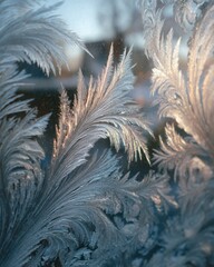 Close up of delicate frost patterns forming on a window pane winter