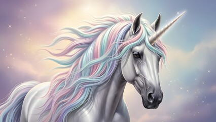 Majestic white unicorn portrait features a shimmering spiral horn and luxurious flowing mane colored with soft pastel shades of pink blue and lavender clouds.