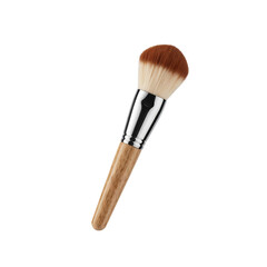 A single professional cosmetic makeup brush with a smooth wooden handle and two-tone soft bristles, isolated on transparent background