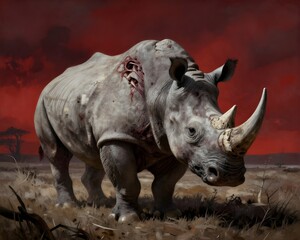 a wounded white rhinoceros in the savannah