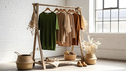 Simple wooden garment rack displays various earth tone colored loose fitting tunic tops hanging neatly in a bright airy minimalist studio setting