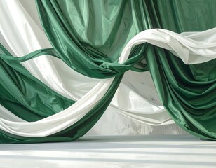 Elegant drapery with green and white satin fabric cascading in graceful folds