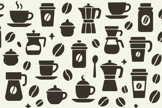 Coffee Icons Seamless Pattern with Cups and Makers on Light Background