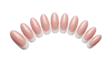 Obraz premium A fanned out group of elegant pink nude artificial nails with classic white french manicure tips, isolated on transparent background