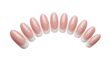 A fanned out group of elegant pink nude artificial nails with classic white french manicure tips, isolated on transparent background