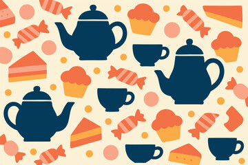 Tea and Dessert Pattern Illustration with Teapots Cups and Sweets