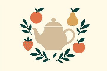 Teapot Illustration with Fruits and Leaves on Light Background