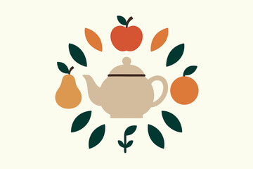 Teapot Illustration with Fruit and Leaf Ornament