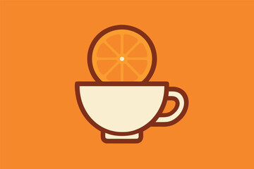 Cup with Orange Slice Line Illustration on Orange Background