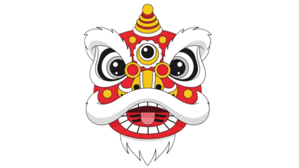 Vibrant lion dance head decoration with colorful details and transparent background
