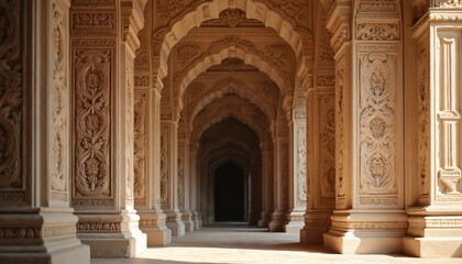Intricate stone carvings adorn columns and arches in an ancient Indian temple corridor. Sunlight streams onto the ornate sandstone walkway, highlighting detailed craftsmanship.