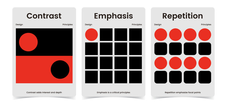 PrintModern minimalist posters illustrating contrast, emphasis, and repetition using geometric shapes and bold colors.