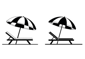 A simple black and white illustration depicts two beach chairs with striped parasols evoking summer