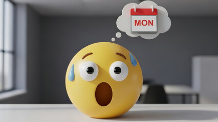 Yellow emoji with shocked face and monday calendar thought bubble on white desk in office